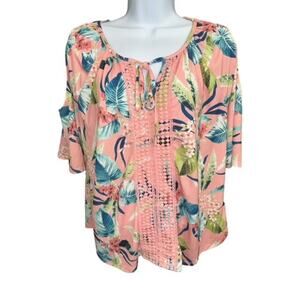 Storybuk Medium Top Stylish Pink Crochet Tropical Floral Cold Shoulder Story Buk